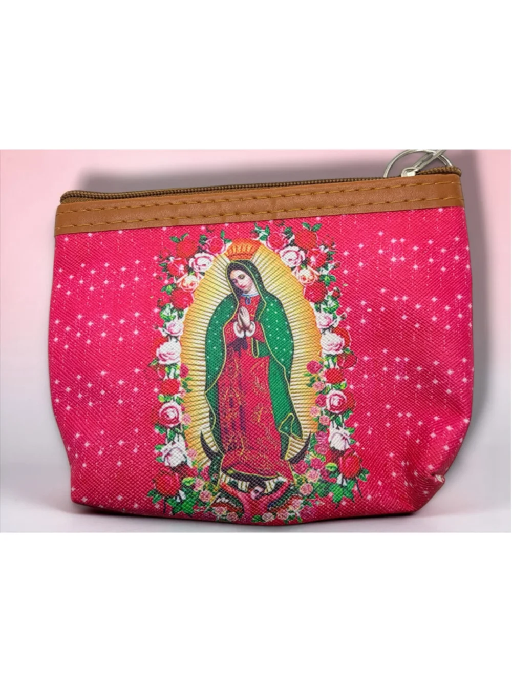 Our Lady of Guadalupe Coin Purse Zipper Pouch Key Ring Pink Floral Wallet NWT